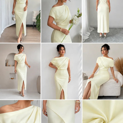 Stretchy Soft Women Off Shoulder Midi Dress, Draped Ruched Asymmetrical Wrap Split Bodycon Dress, Elegant Cocktail Party Wedding Guest Evening Formal Dresses