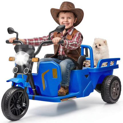 12V Kids Electric Tricycle With Trailer, 110W Ride On Motorcycle Tractor, Sand Shovel, Bluetooth Music, LED Headlight, 3 Speeds