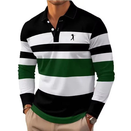Men's striped rugby polo long-sleeved collar shirt casual school outdoor sports casual 3d printing spring, autumn and winter