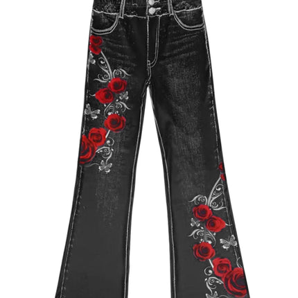 1253 [Printed Pants - Not Denim Fabric] Floral Print Flare Pants - Non-Denim Fabric, Women's Trousers,