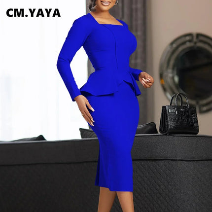 CM.YAYA Women Long Sleeve U-neck Ruffles High Waist Birthday Bodycon Midi Dress 2023 OL Work Evening Sexy Party Dresses Vestido