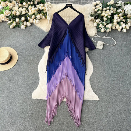 Miyake Tassel Patchwok Color Block Dress for Women Pleated Batwing Sleeve Mid-calf Dresses Fashion Female 2025 Summer