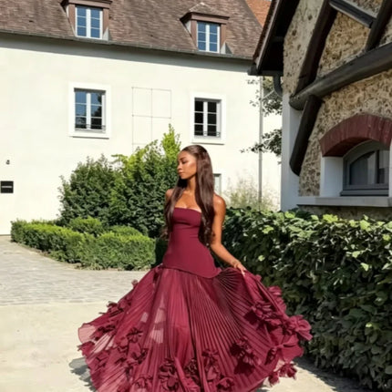 Elegant Banquet Strapless Maxi Dress 3D Floral Pleated Train Hem Waist Tie Solid Gown Luxury Flowy Sleeveless Gala Party Outfit