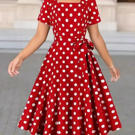 Woman Summer Elegant Midi Dress Fashion Polka Dot Print Short Sleeves High Waist Dresses Ladies Beautiful Square Collar Vestidos