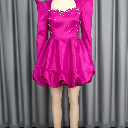 Rose Sweetheart Long Sleeve Lantern Ball Gown Dress with Beading Elegant Pleated Mini Evening Party Wedding Guest Dresses