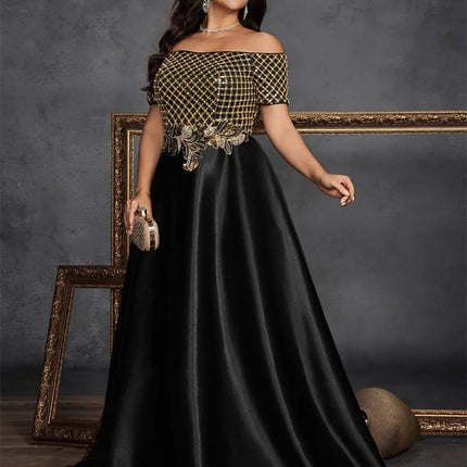 Plus Size Elegant Short Sleeve Sequins Splicing Formal Evening Dresses Women Luxury Party Bridesmaid Cocktail Gowns
