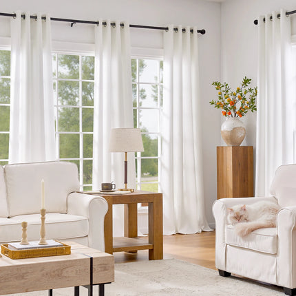 Solid Linen Texture Window Curtains Light Filtering Drapes Pair for Living Room Bedroom