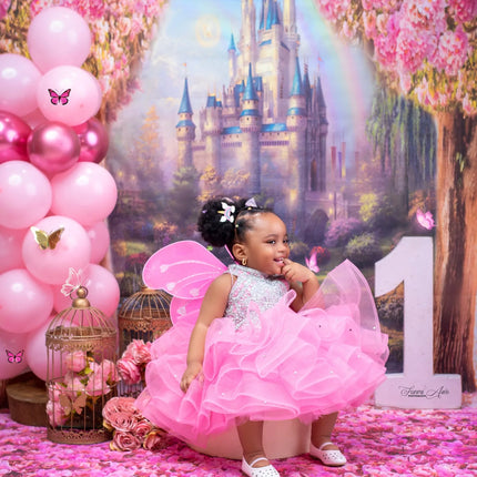 Pink Girls Birthday Party Dresses Customized High Neck Beading Flower Girl Dresses Baby Kids Gowns for Photo Shoot