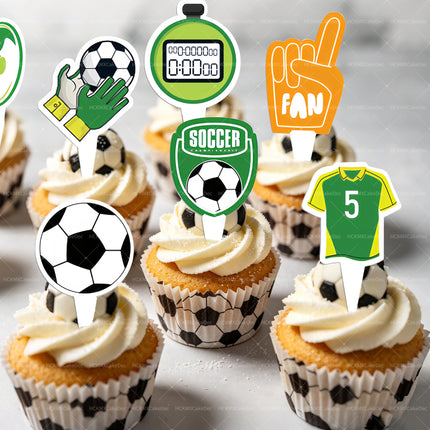 24Pcs Soccer Themed Happy Birthday Cupcake Toppers - Football Trophy Design Cake Decorations for Sports Birthday Party Supplies