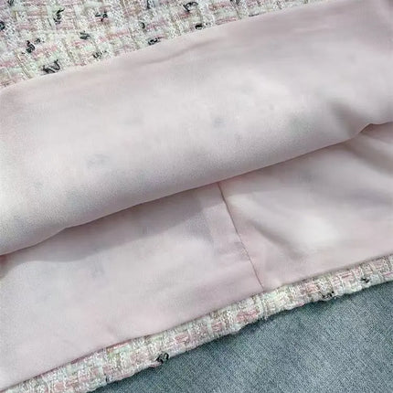 Spring Summer New Fashion Pink Tweed Handmade Beaded O Neck Dress Women Elegant Short Sleeve Slim Robe with Sashes Ladies 2025