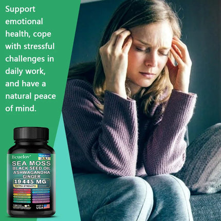 Sea Moss Capsules with Black Seed Oil Ashwagandha Turmeric Complex, Energy Immune Digestive Skin & Stress Relief Support