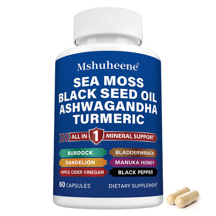 Sea Moss, Black Seed, Ashwagandha, Turmeric, Bladderwrack, Burdock - with ACV, Black Pepper, Gluten Free