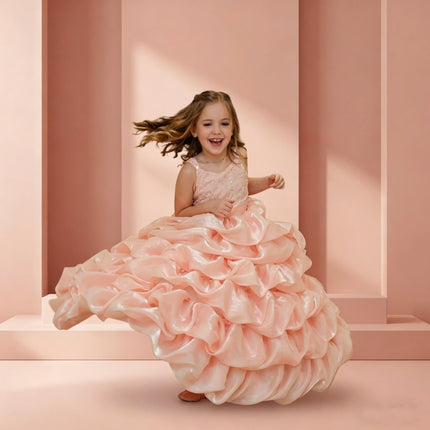 Pink Sequin Multi-layer Pleated Dress Flower Girl Dress Customized Ball Drss Children's Birthday Party First Communion Dress
