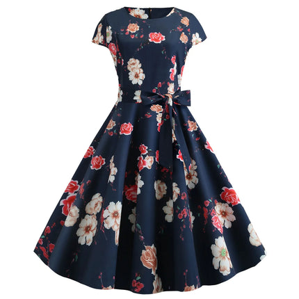 Women Summer Dress Floral Print Vintage 1950s 60s Rockabilly Party Dresses Retro Chic Short Sleeve Bow Belt A Line Vestido Mujer