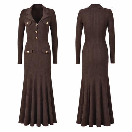 Elegant Women Lapel Knit Mermaid Maxi Dress, Long Sleeve Gold Decor Button Ribbed Bodycon Dress, Business Casual Wedding Guest Evening Party Gown