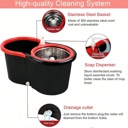 Spin Mop And Bucket With Wringer Set, 360° Mop And Bucket System With 3 Microfiber Mop Refills And 61" Extended Handle For Floor Cleaning