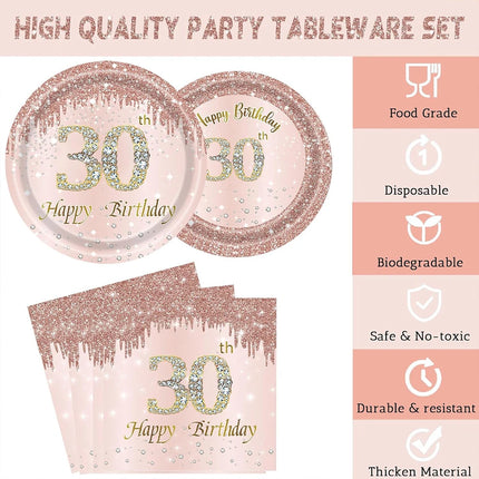 30th Birthday Party Supplies Plates Napkins Cups Tablecloth Rose Gold Number 30 Balloon Women Her Happy 30th Birthday Decoration