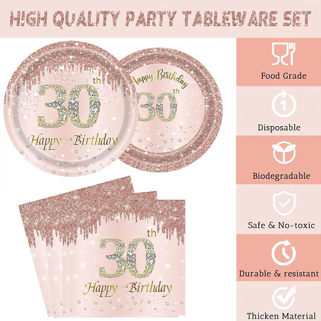 30th Birthday Party Supplies Plates Napkins Cups Tablecloth Rose Gold Number 30 Balloon Women Her Happy 30th Birthday Decoration