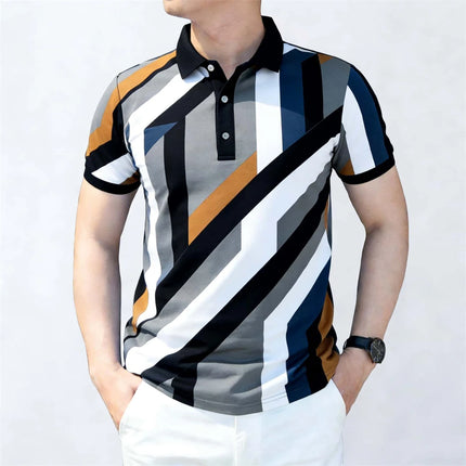 Men's Casual Color-blocked Striped Polo Shirt Business Casual 2026 Summer Stripe Print Polo Classic Style Outdoor Breathable