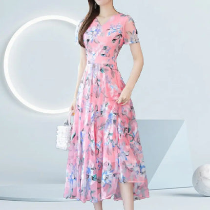 Short Sleeve Floral Print Midi Dress Summer Women Dress Waist Tight Flower Print Large Hem Maxi Dress Travel Vocation Dress