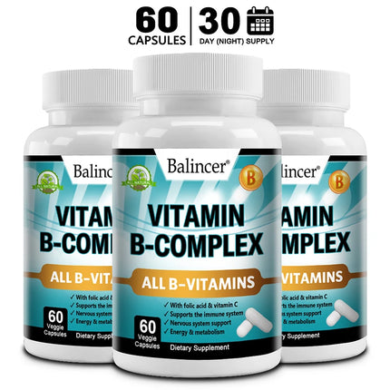 Vitamin B Complex Capsules with Vitamin C & Folic Acid, Antioxidant, Daily Energy Metabolism & Body Immune Wellness Support