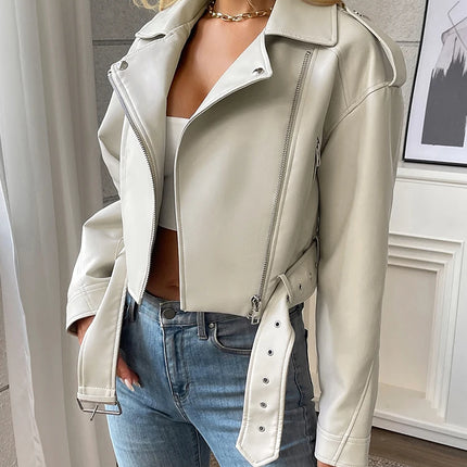 Ailegogo Spring Autumn Women Faux Pu Leather Short Jacket with Belt Motorcycle Biker Female Zipper Lapel Loose Coat Outwear