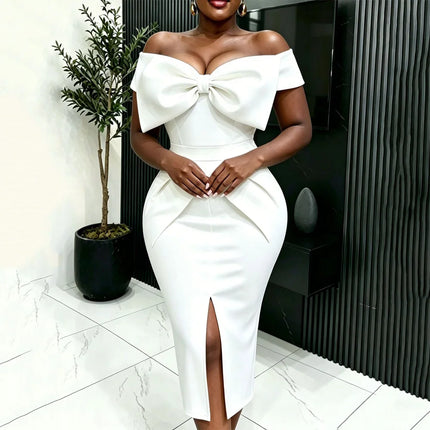 Elegant Dresses for Women New Style Off the Shoulder Bow Decorate White Solid Sheath Package Hips Front Split Mid Calf Dress New