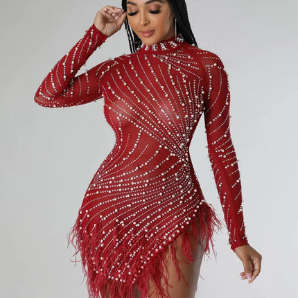 HBLL Sexy Pearls Rhinestone Party Dresses Women Elegant Nightclub Feather Birthday Dress Long Sleeve Mesh Sheer Bodycon Dress