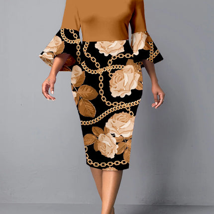 Midi Dress Spring Summer Women Brown Off Shoulder Flare Sleeve Floral Chain Print Bodycon Elegant Office Party Date Dress