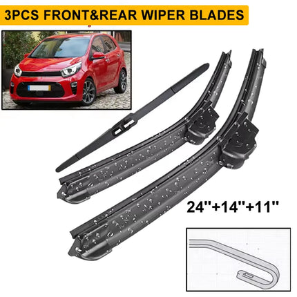 Wiper Front & Rear Wiper Blades Set For KIA Picanto MK3 2018 - 2023 Windshield Windscreen Window Rain Brush 24"+14"+11"