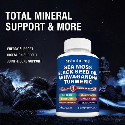Sea Moss, Black Seed, Ashwagandha, Turmeric, Bladderwrack, Burdock - with ACV, Black Pepper, Gluten Free