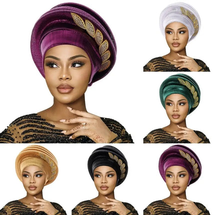 Leaves Diamonds Spiral Beret Turbans Lightweight Luxury Afrcian Lady Head Wraps Breathable Turban Nigeria Headpiece For Women