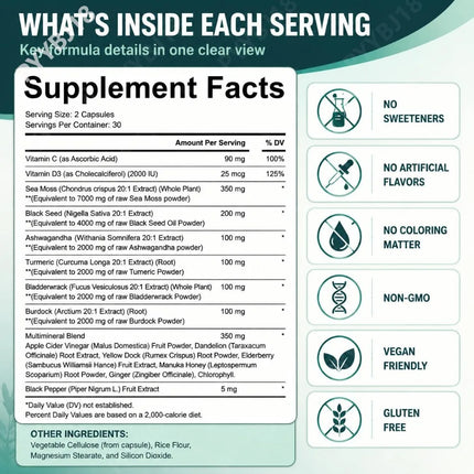 Acentialabs Sea Moss Black Seed Oil Capsules with Ashwagandha Vitamin C and Vitamin D3 Immune Energy & Detox Support 60 Capsules