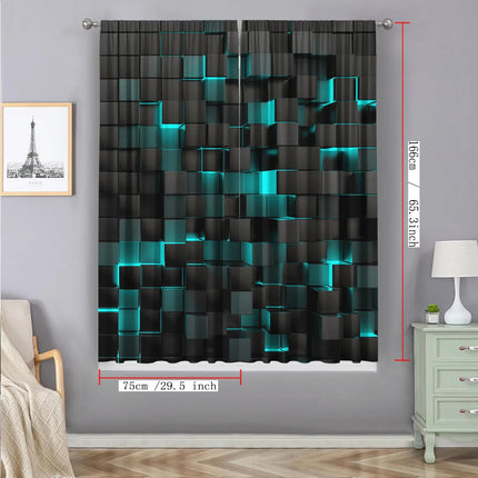 2PC Black Teal 3D Cube Light Sheer Curtains - Modern Futuristic Geometric Print Window Drapes for Living Room Bedroom Decor