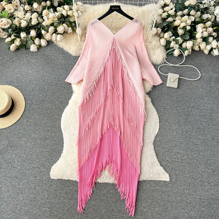 Miyake Tassel Patchwok Color Block Dress for Women Pleated Batwing Sleeve Mid-calf Dresses Fashion Female 2025 Summer