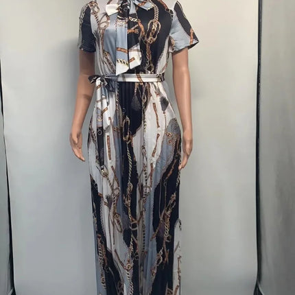 Fashionable and Elegant Print Pleated Long Dresses for Women Oversized Short-sleeved Ladies Temperament Maxi Dress Evening Gowns