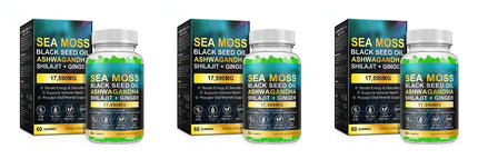 Sea Moss Black Seed Oil Ashwagandha Shilajit Gummies For Energy Boost & Immunity Digestion Stress Support, Adult, 60 Gummies