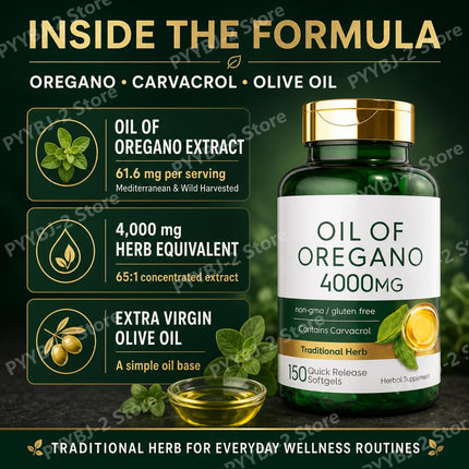 65:1 Oregano Leaf Extract Softgels Digestive Wellness Antioxidant Support with Olive Oil and Carvacrol 150 Count