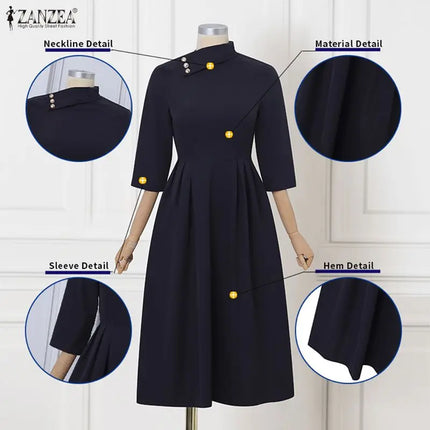 ZANZEA Women Elegant Long Dresses Summer Spring Casual A-Line Vestidos Fashion Buttons Lapel Solid Midi Sundress Streetwear OL