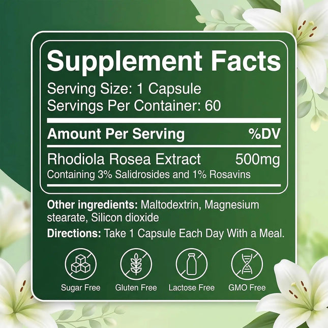 Floraviva Rhodiola Rosea Organic Capsules, Rhodiola Rosea Supplement, Adaptogenic Herb for Daily Stress Support & Energy Balance – 500mg per Serving