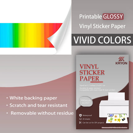 Glossy White Printable Vinyl Sticker Paper 10/20 Sheets for Inkjet Printers Water-Resistant Adhesive Label Paper 8.3x11.7 Inch