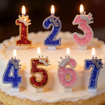Crown Candles New Creative Number 0-9 Pink Blue Red Birthday Wedding Party Cake Decoration Handmade Crown Powder Sequin Cake Dec
