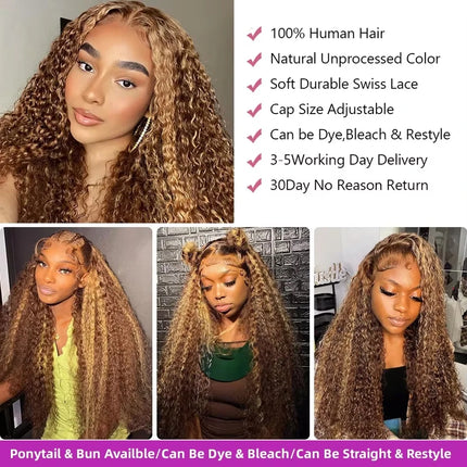 Highlight Curly Bob Wig Human Hair Deep Wave 13x4 HD Lace Front Wigs For Black Women Human Hair Pre Plucked Wear And Go Glueless Wet And Wavy Ombre Honey Blonde 4/27 Colored Wigs 26Inch