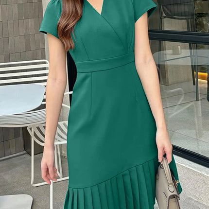 2025 ZANZEA Elegant Women V Neck Short Sleeve Work Dresses 2025 Summer Dress Stylish Solid A Line Pleated Party Vestidos Robe