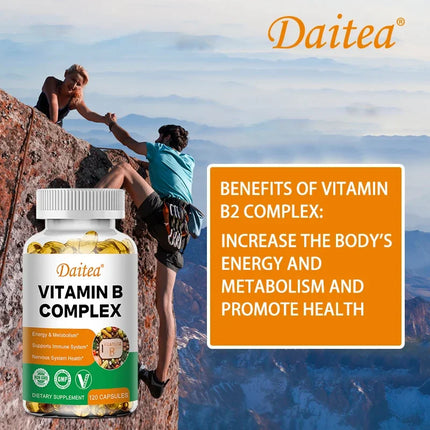 DAITEA - Vitamin B Complex Capsules - B12, B1, B2, B3, B5, B6, B7, B9, Folic Acid and Biotin - Reduce Stress, Boost Immunity