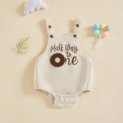 Baby Boy 1/2 Birthday Outfit Sleeveless Corduroy Overalls Half Way to One Cake Smash Romper for Half Birthday Party