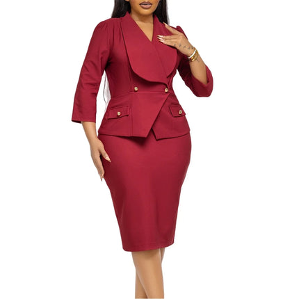 Elegant Office Ladies Dresses 2026 New V Neck Full Sleeve Sheath Package Hips Mid Calf Fashion Female Business Work Dress Cloth