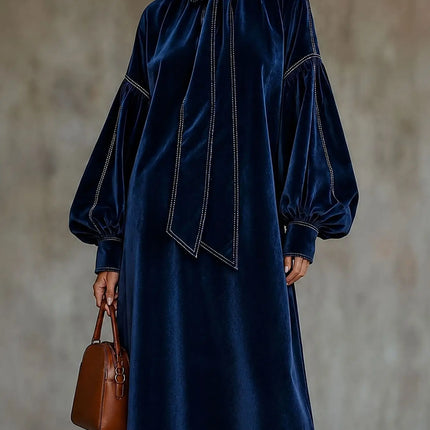 Women Solid Velvet Maxi Dress Bow Tie High Neck Lantern Long Sleeve Loose Dress Elegant Fall Winter Office Evening Party Dresses