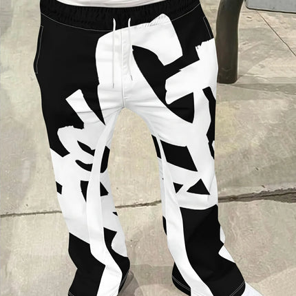 Men's Casual Street Style Trendy Cross Print Fashionable Slightly Flared Black and White Color-Block Design Sweatpants Men Pants