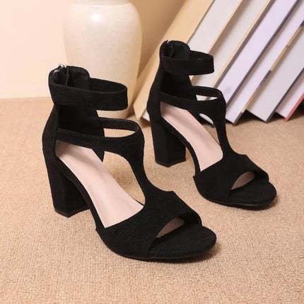 Women's High-Heeled Sandals Vintage Suede Casual Ankle Sandals Summer Open-toe Fish Mouth Sandals Summer Women's Roman Sandalias